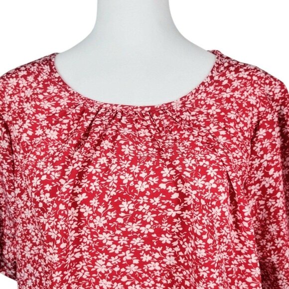 Womens Vibrant Red Floral Print Blouse Plus 1X 2X Short Sleeve Gathered Neckline - Picture 2 of 11